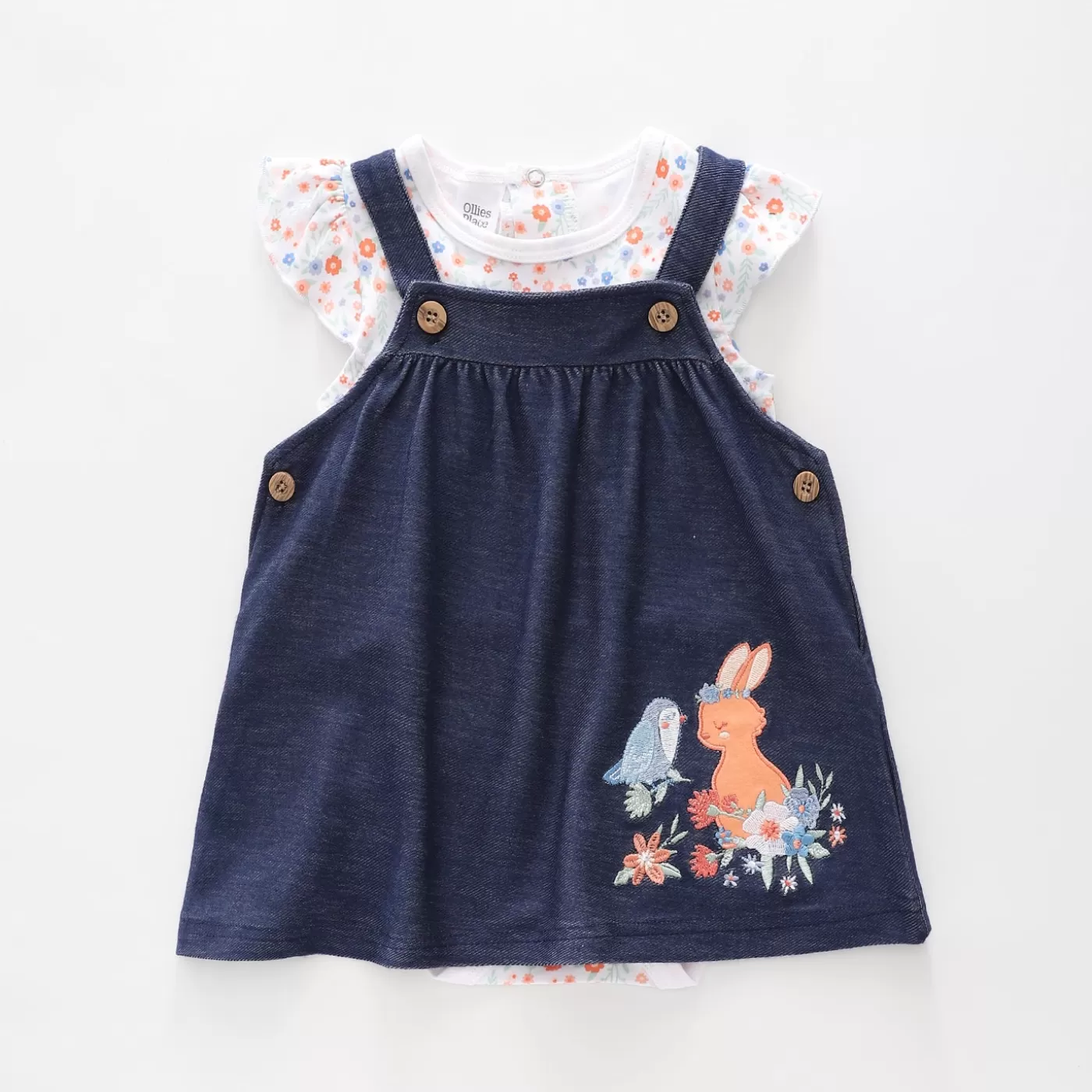 Ollies Place Baby Girls, Denim Look Pinafore Set< Dresses