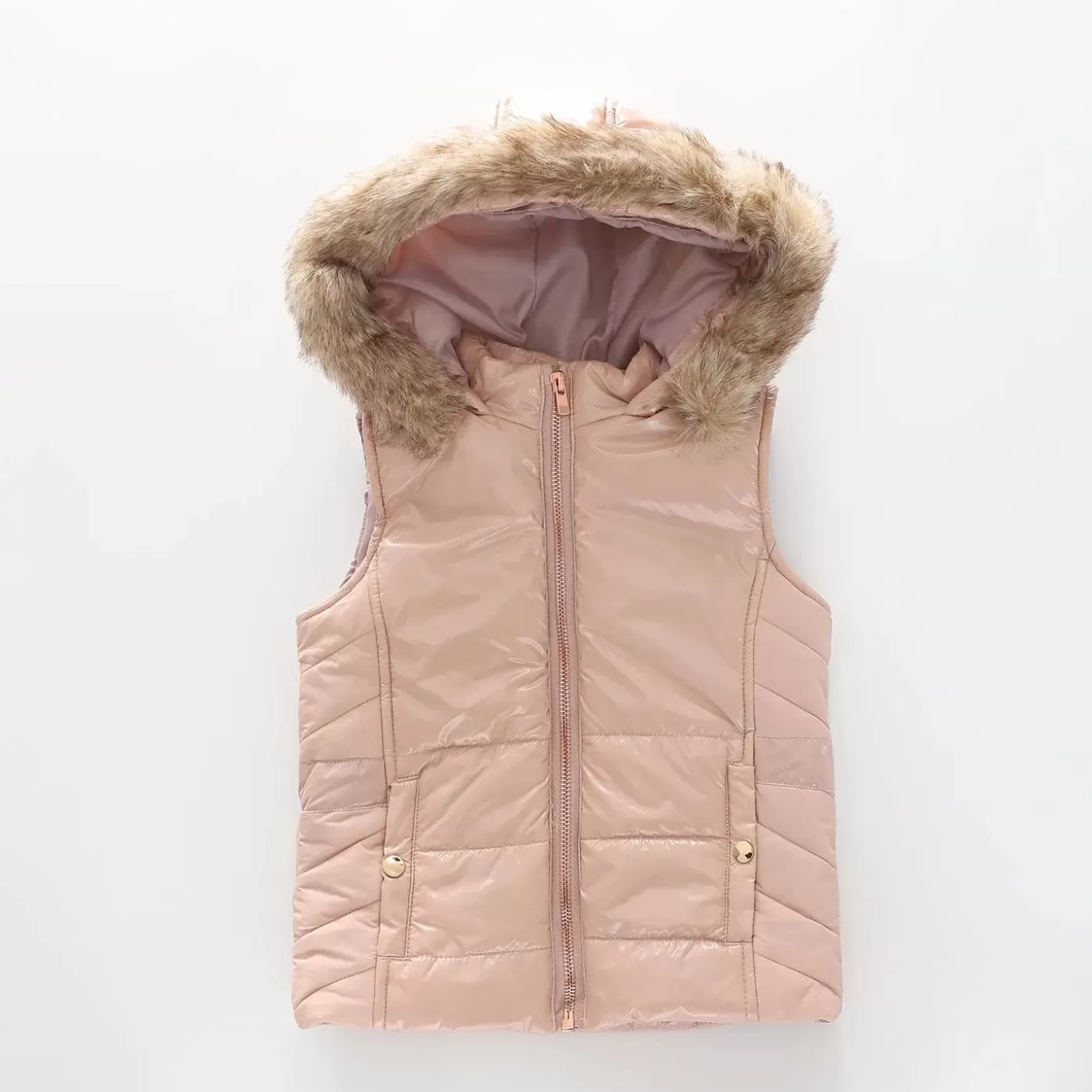 Ollies Place Girls' Pink Puffer Vest with Fur Trim Hood< Jackets & Outerwear