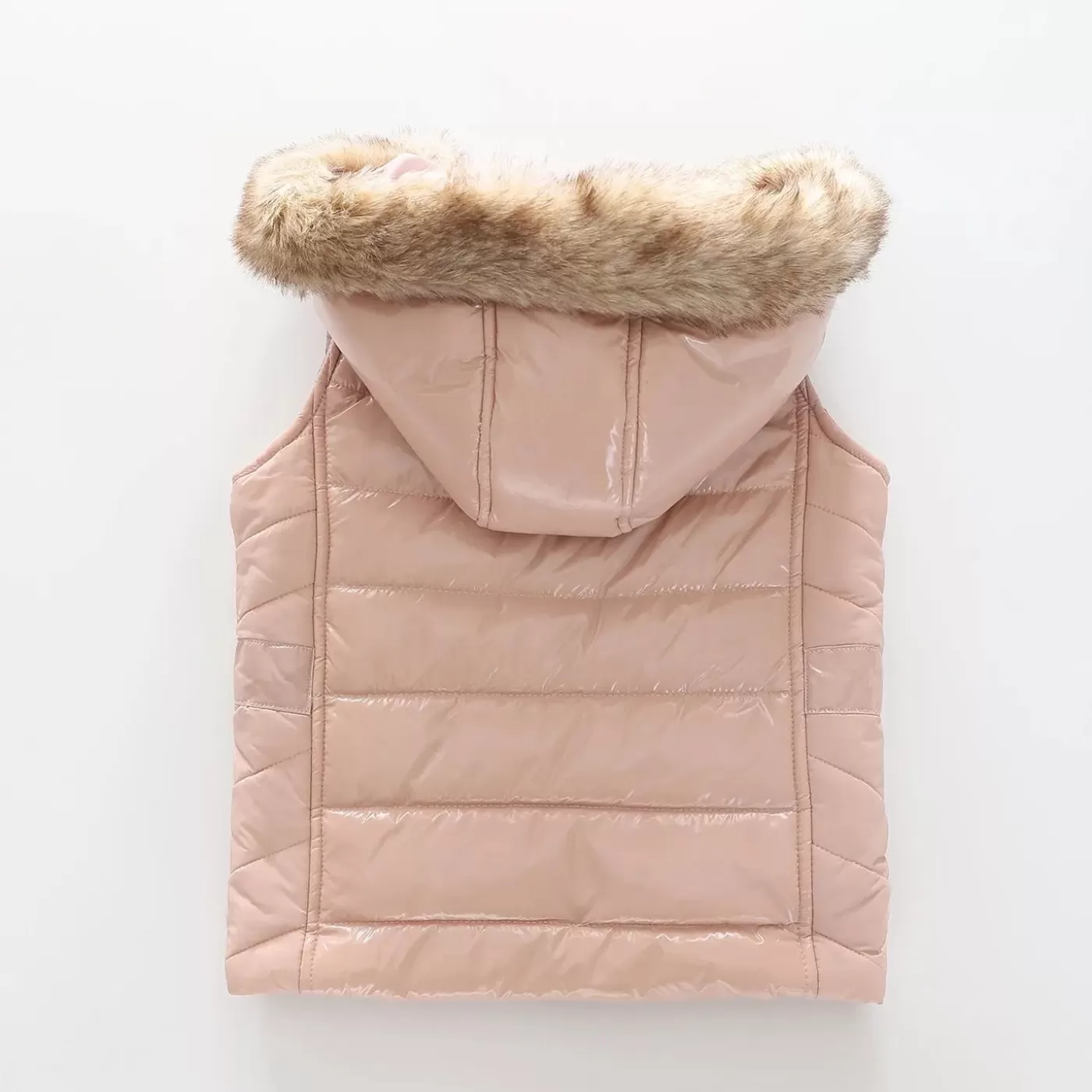 Ollies Place Girls' Pink Puffer Vest with Fur Trim Hood< Jackets & Outerwear