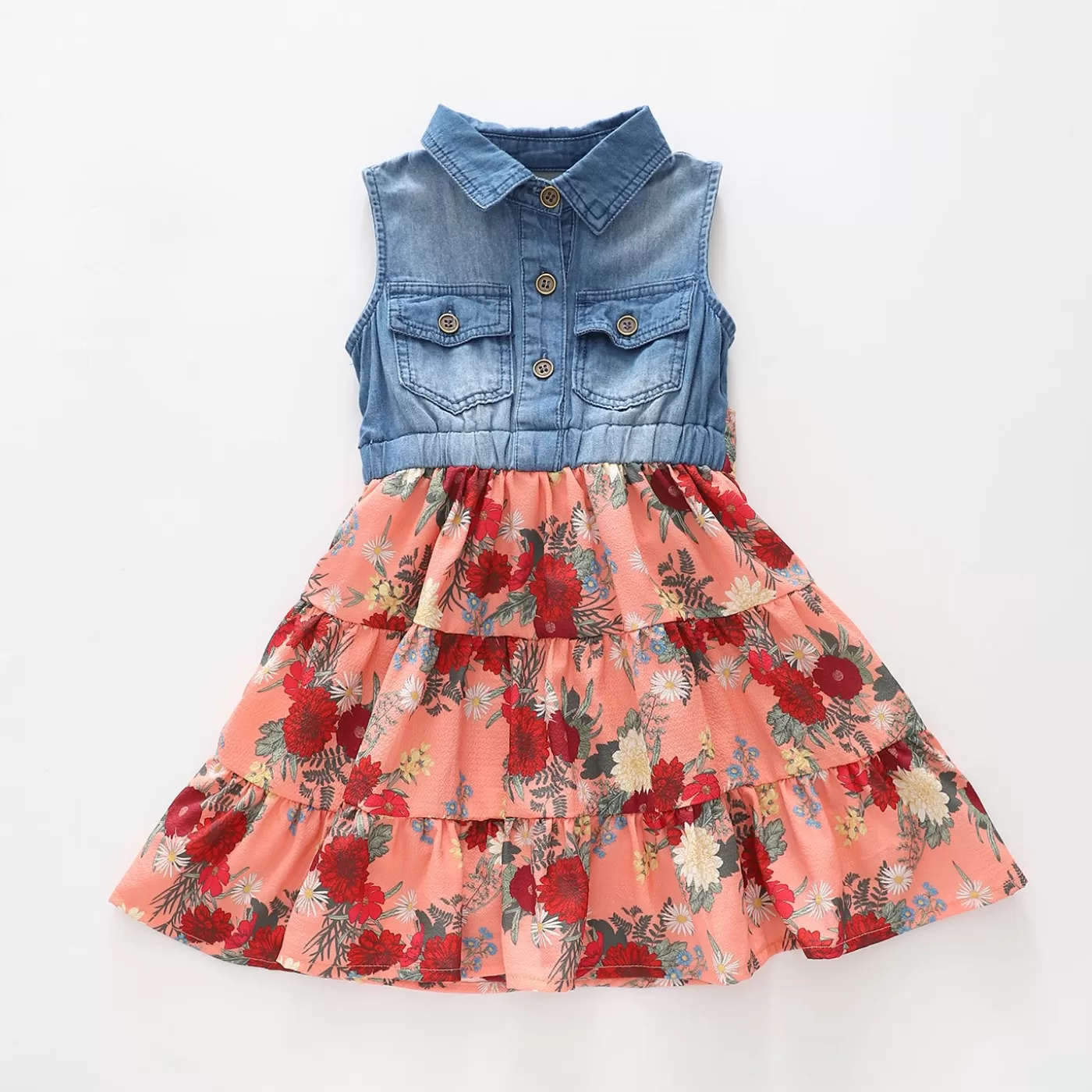 Ollies Place Junior Girls, Denim and Floral Dress< Dresses