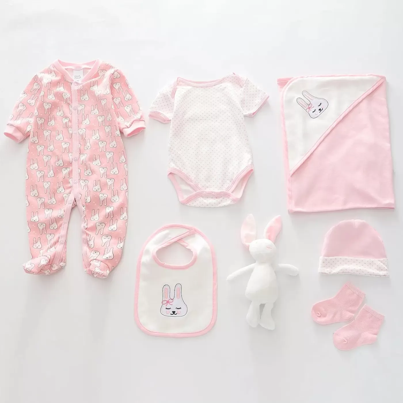 Ollies Place 7pc cotton interlock baby gift set Cute bunny print< Overalls & Sets | Prem